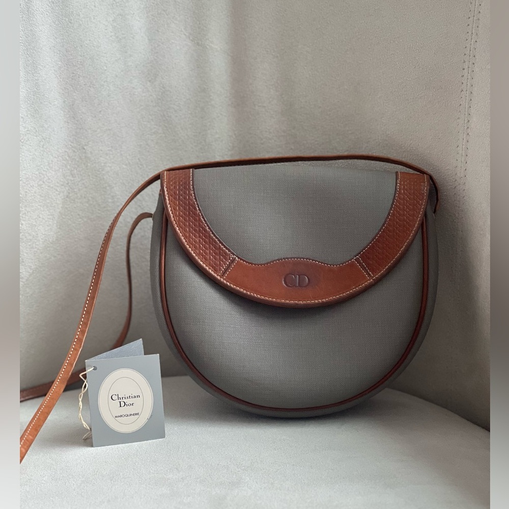 Christian Dior Gray Crossbody Bag with Brown Leather Trim EUC